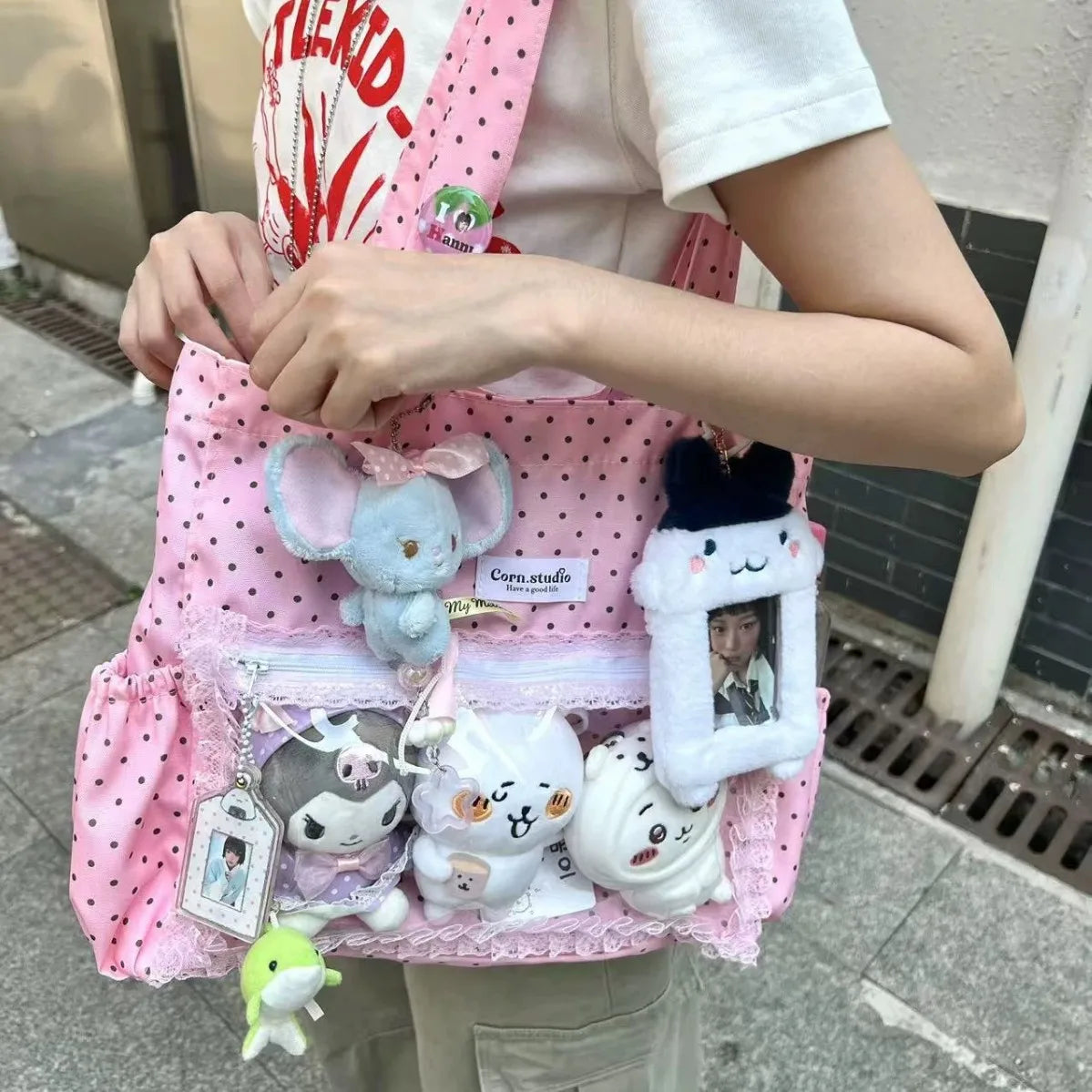 New Large Capacity Fashionable Polka Dot Canvas Shoulder Bag Casual Commuting Tote Bag Cute Hand Ulzzang Y2k Ita Bag for Girls