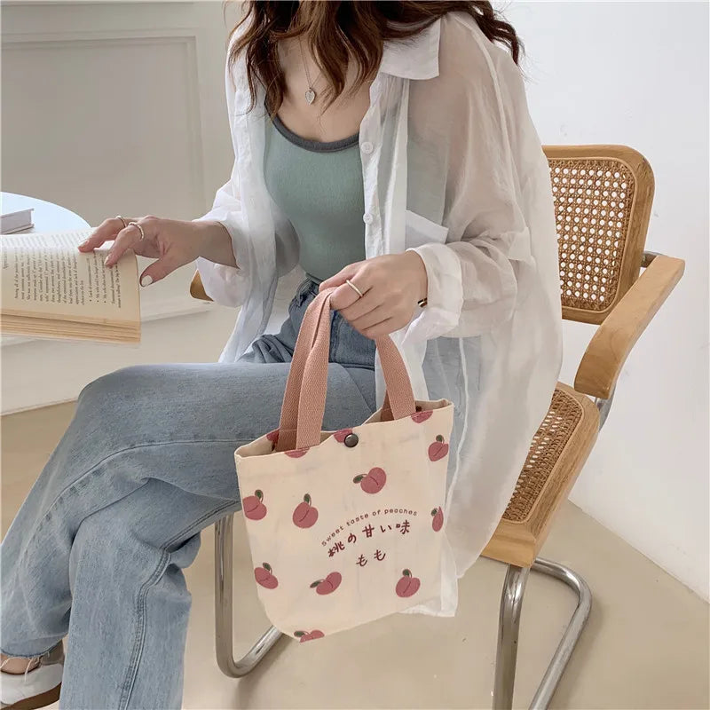 Japanese Peach Hand Lunch Bag Korean Mini Student Handbags Cotton Cloth Picnic Travel Bento Small Canvas Women Tote Food Bag