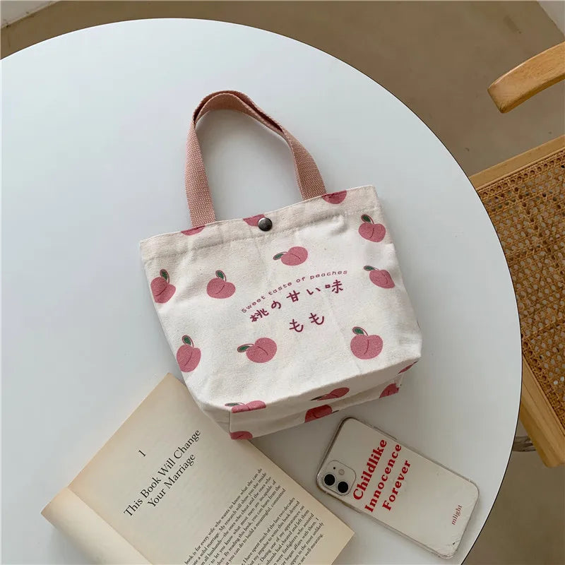 Japanese Peach Hand Lunch Bag Korean Mini Student Handbags Cotton Cloth Picnic Travel Bento Small Canvas Women Tote Food Bag