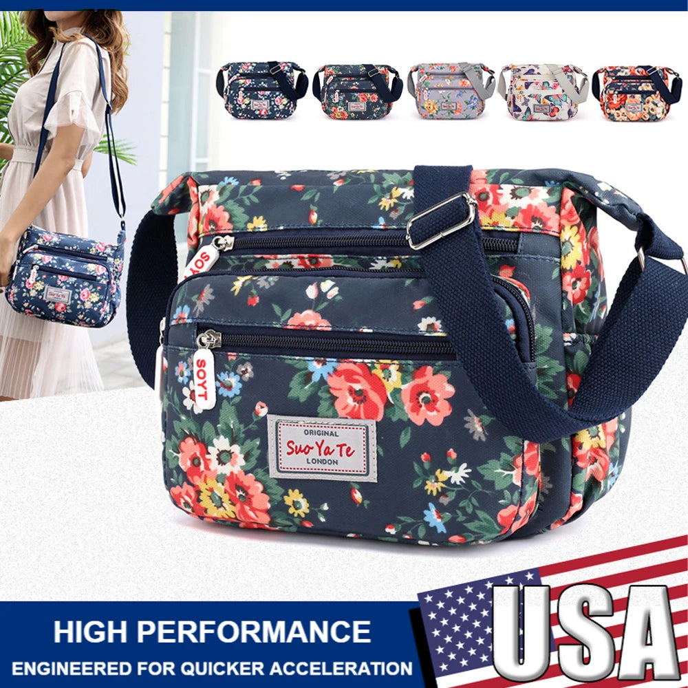 Women Crossbody Bags Casual Shoulder Backpack Multi Layered Floral Print Mother Handbag Canvas Cloth Bag Travel Messenger Purses