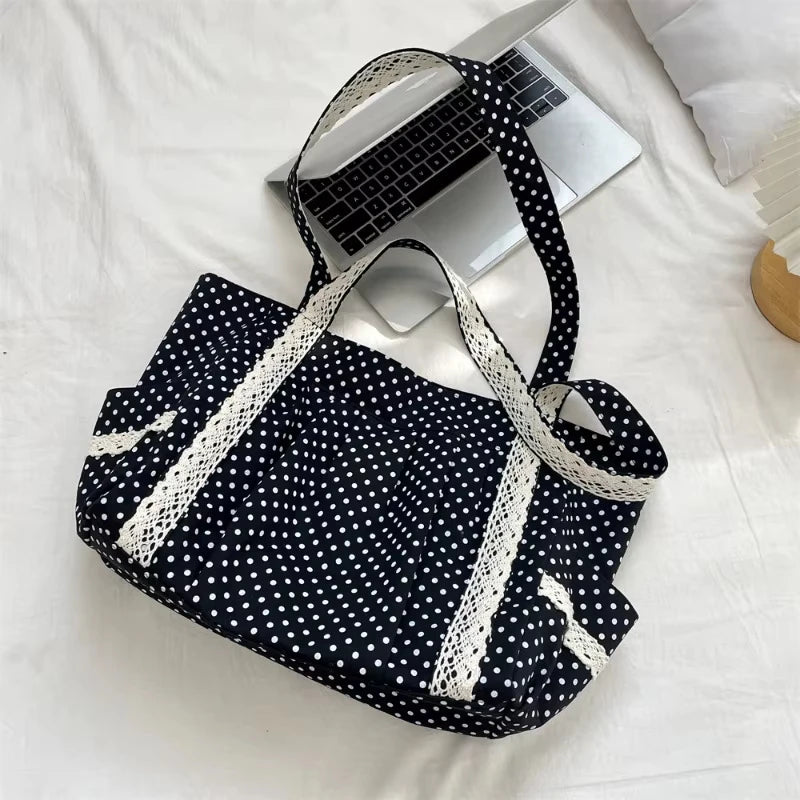 Korean Polka Dot Shoulder Bag For Women Retro Fashion Large Capacity Tote Bag Literary Work Commute Versatile Canvas Handbag