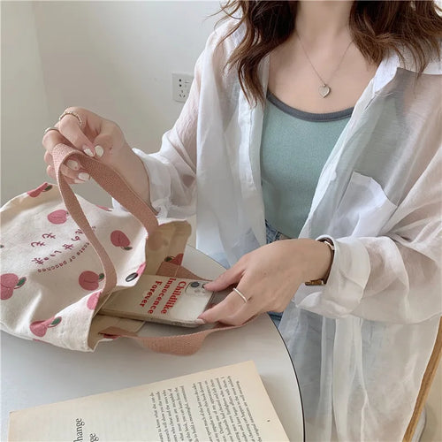 Japanese Peach Hand Lunch Bag Korean Mini Student Handbags Cotton Cloth Picnic Travel Bento Small Canvas Women Tote Food Bag