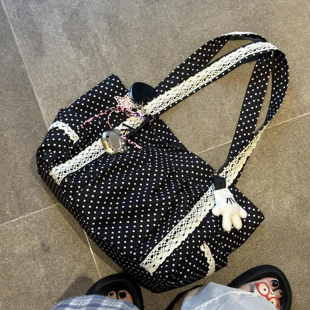 Korean Polka Dot Shoulder Bag For Women Retro Fashion Large Capacity Tote Bag Literary Work Commute Versatile Canvas Handbag